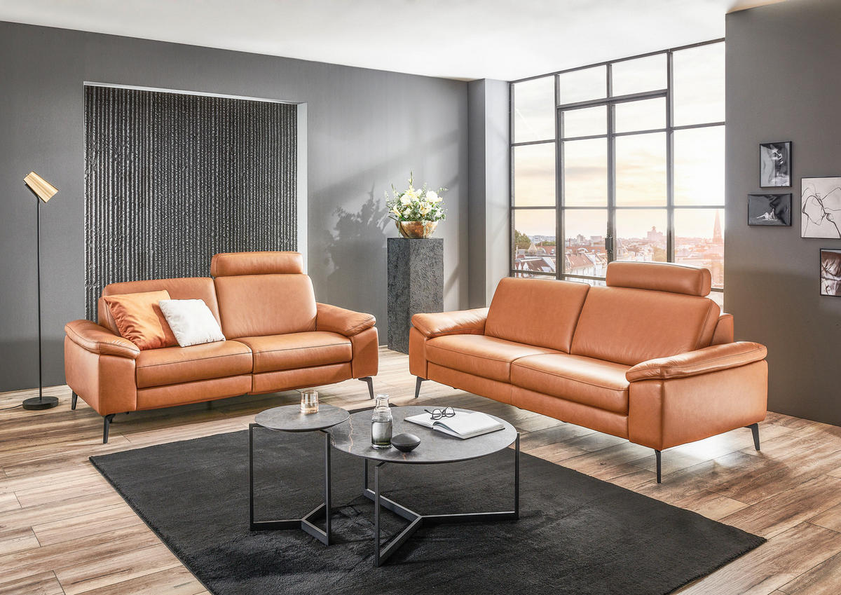 3-SITZER-SOFA Echtleder Cognac  - Cognac/Schwarz, Design, Leder/Metall (224/88/100cm) - Valdera