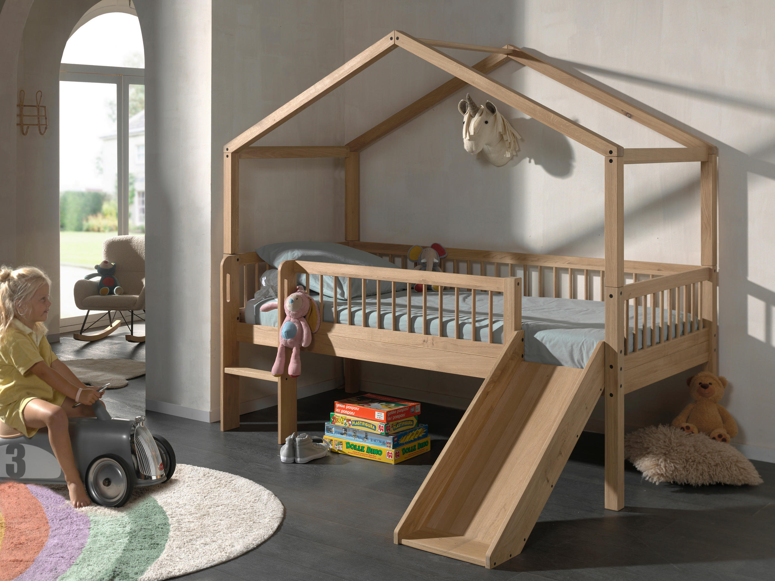HAUSBETT Absturzsicherung, Leiter, Rutsche, Rollrost 90/200 cm  - Eichefarben/Naturfarben, MODERN, Holz (90/200cm) - Vipack