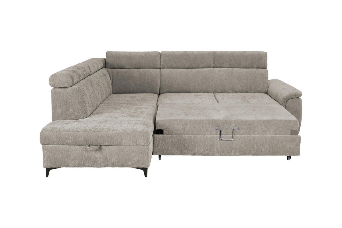 ECKSOFA Taupe Chenille Bettkasten, Schlaffunktion, Rücken echt, Kopfteilverstellung, Liegefläche im Originalstoff  - Taupe/Schwarz, KONVENTIONELL, Textil/Metall (206/265cm) - Carryhome