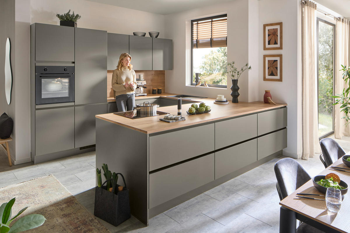 EINBAUKÜCHE   - Taupe/Eichefarben, Design, Holzwerkstoff - Celina