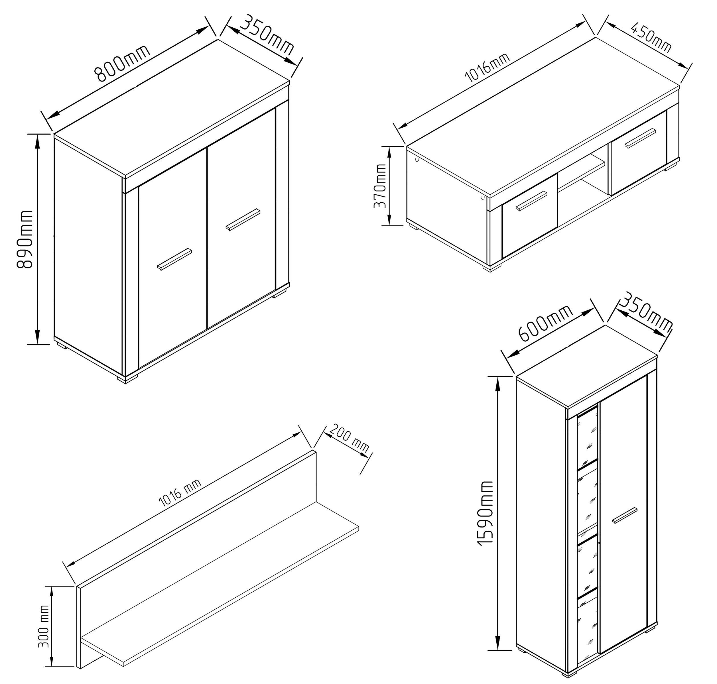 Thumbnail - Mid.you Wohnwand Usilo, Anthrazit, Honigeiche, Kunststoff, 4-teilig, 5 Fächer, 242x159x37 cm, stehend, hängend, Wohnzimm...
