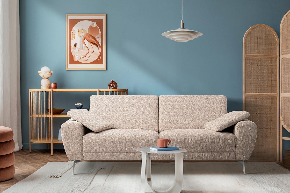 3-SITZER-SOFA SPRING in Webstoff Blau, Gelb, Rot, Weiß Modern  - Chromfarben/Blau, Design, Textil/Metall (187/85/92cm) - Livetastic