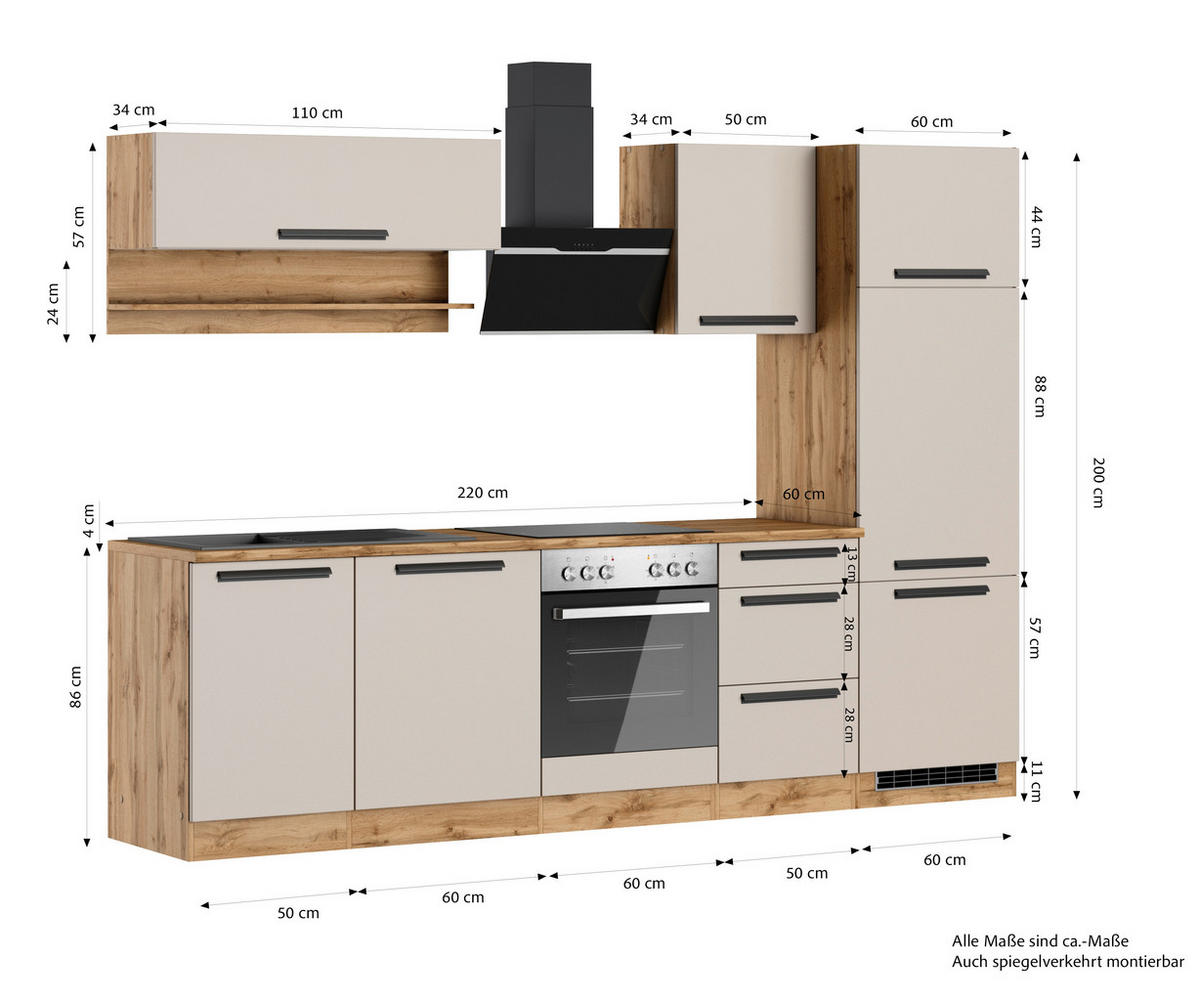 KÜCHENBLOCK Aveiro 280 cm  in Kaschmir, Eiche Wotan  - Kaschmir/Eiche Wotan, Trend, Holzwerkstoff/Metall (280cm) - Held