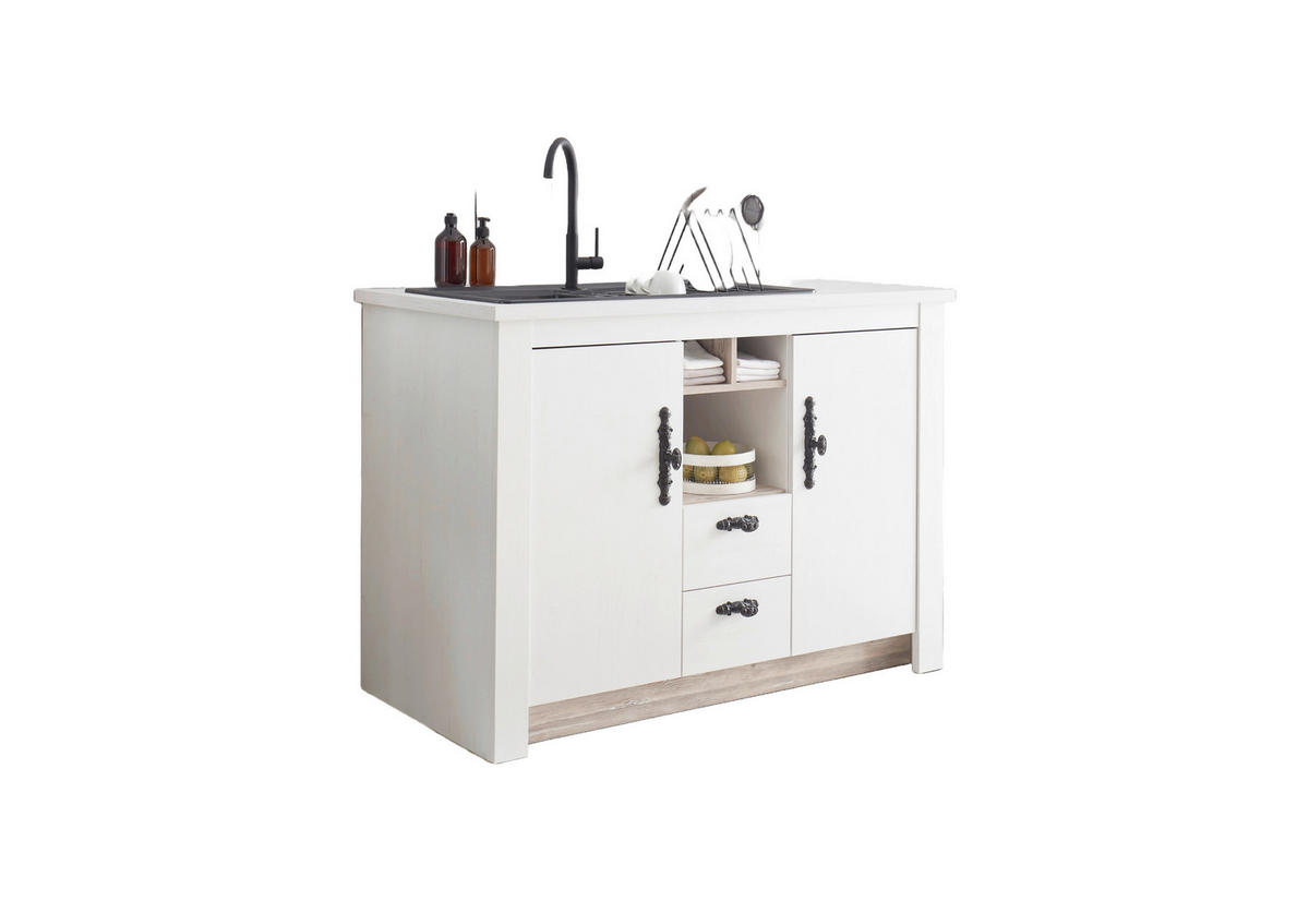 SPÜLENUNTERSCHRANK 130/92/60 cm  in Weiß, Pinienfarben  - Schwarz/Weiß, Trend, Holzwerkstoff/Metall (130/92/60cm) - MID.YOU
