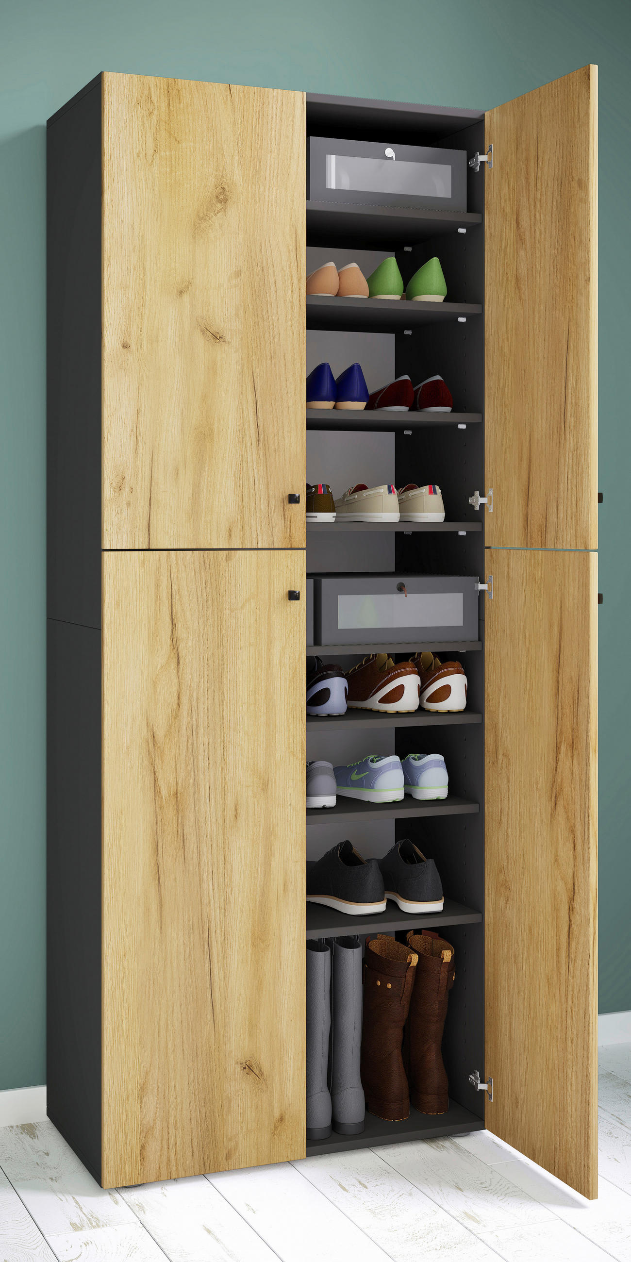 SCHUHSCHRANK Lona  in 70/182/39 cm  - Honigeiche/Anthrazit, Design, Holzwerkstoff/Kunststoff (70/182/39cm) - MID.YOU