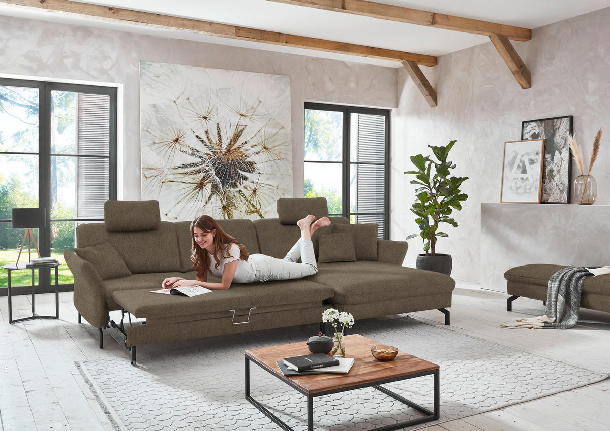 ECKSOFA in Velours Graubraun  - Graubraun/Schwarz, Design, Textil/Metall (306/179cm) - Beldomo System