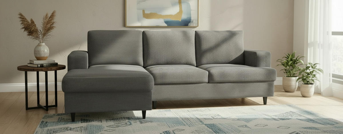 ECKSOFA Dunkelgrau Cord, Velours  - Dunkelgrau/Schwarz, Design, Holz/Textil (140/247cm) - MID.YOU