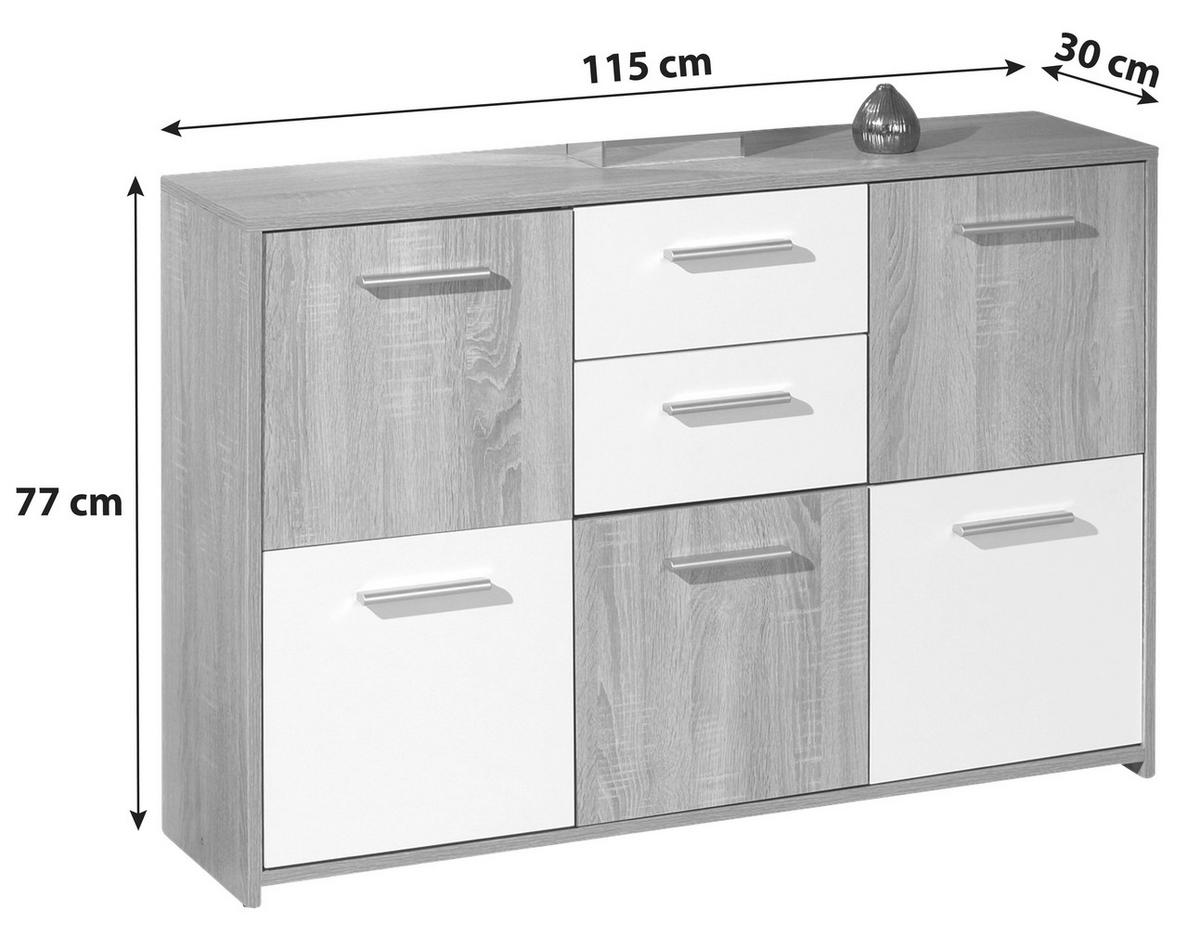 KOMODA, biela, dub sonoma, 115/77/30 cm - biela/dub sonoma, Basics, kompozitné drevo/plast (115/77/30cm) - MID.YOU