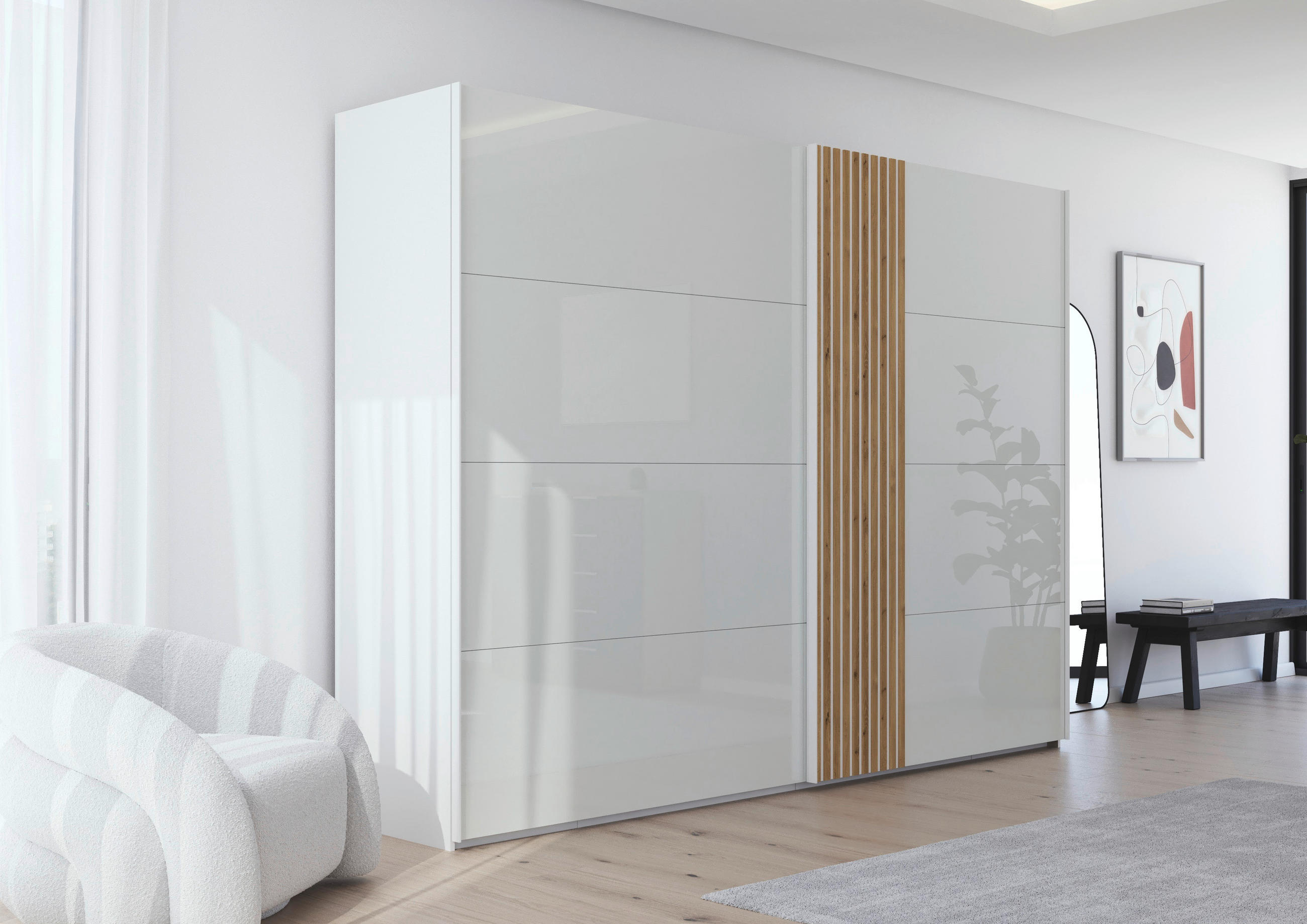 SCHWEBETÜRENSCHRANK  in Weiß, Eichefarben  - Eichefarben/Weiß, Design, Glas/Holzwerkstoff (301/223/68cm) - Novel