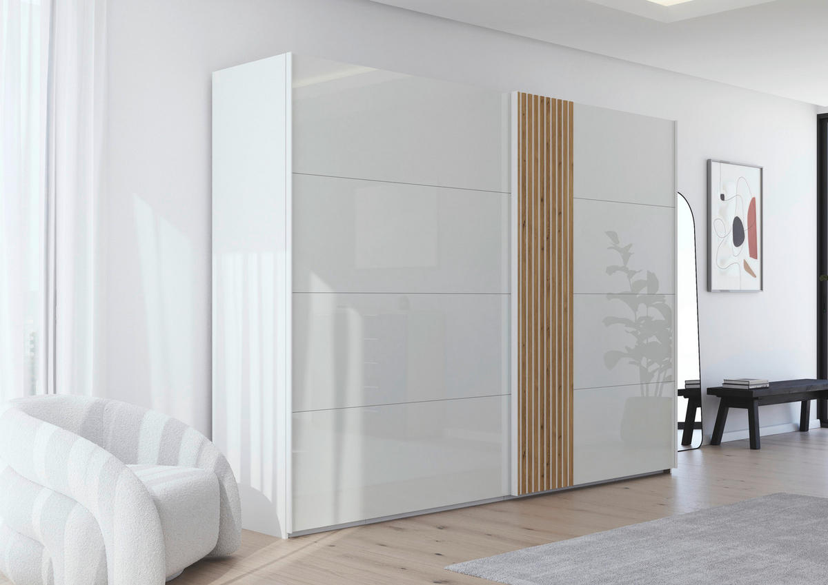 SCHWEBETÜRENSCHRANK  in Weiß, Eichefarben  - Eichefarben/Weiß, Design, Glas/Holzwerkstoff (301/223/68cm) - Novel