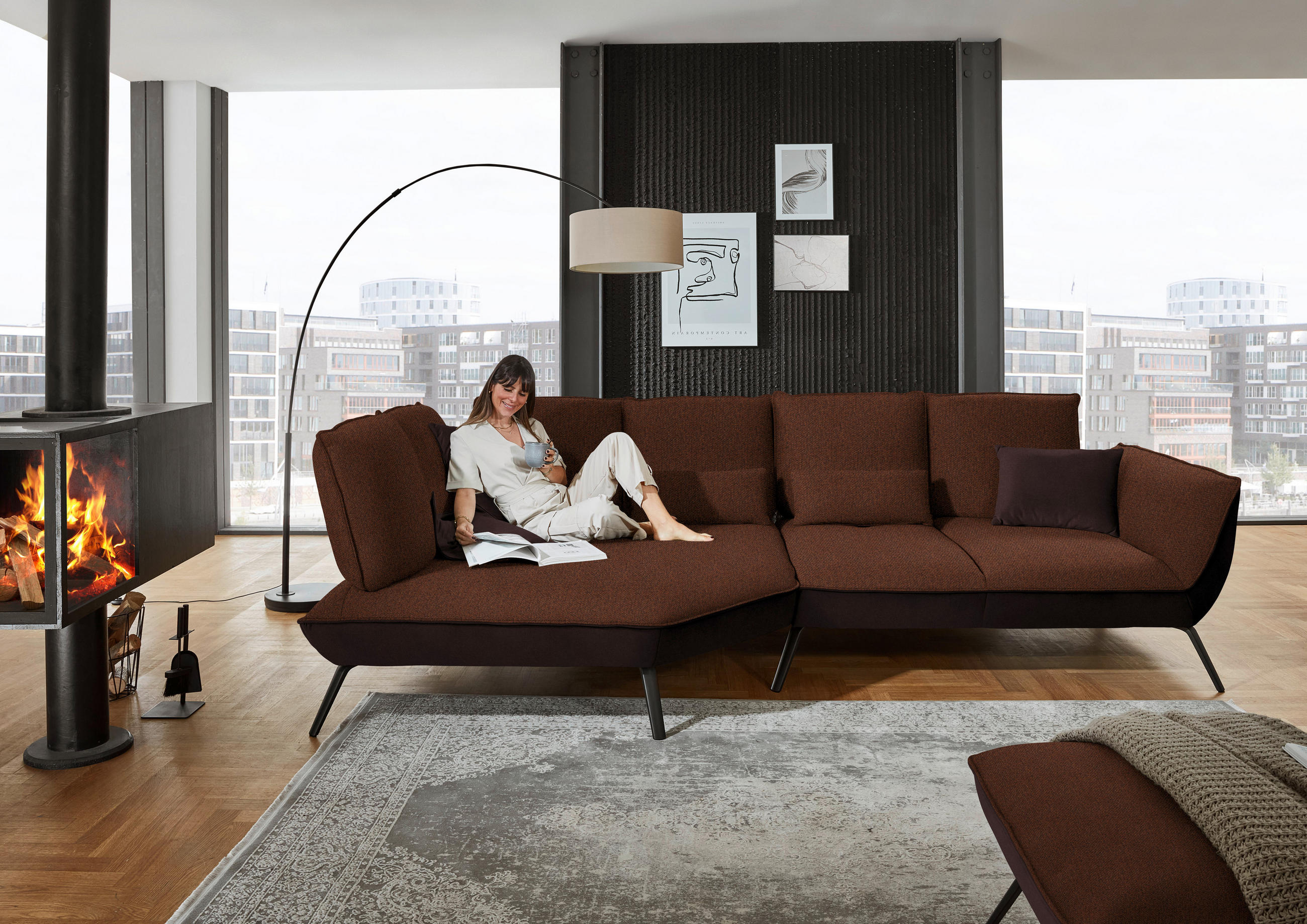 ECKSOFA in Flachgewebe Kupferfarben  169/320 cm  - Schwarz/Kupferfarben, Design, Textil/Metall (169/320cm) - Moderano