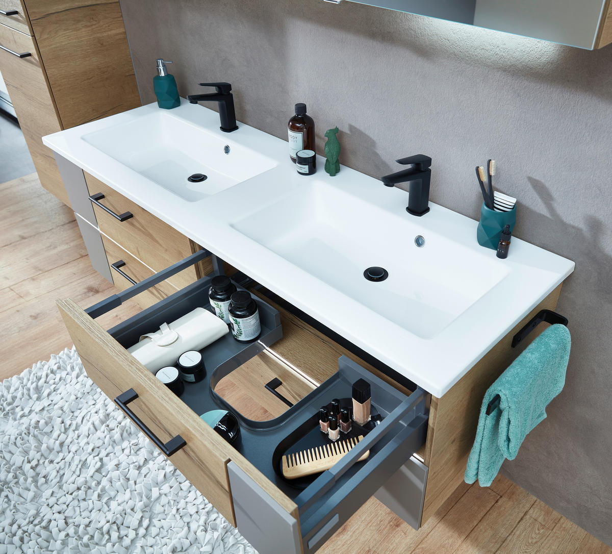 WASCHTISCHKOMBI 153 cm  - Eichefarben/Blaugrau, KONVENTIONELL, Holzwerkstoff/Stein (153cm) - Sadena