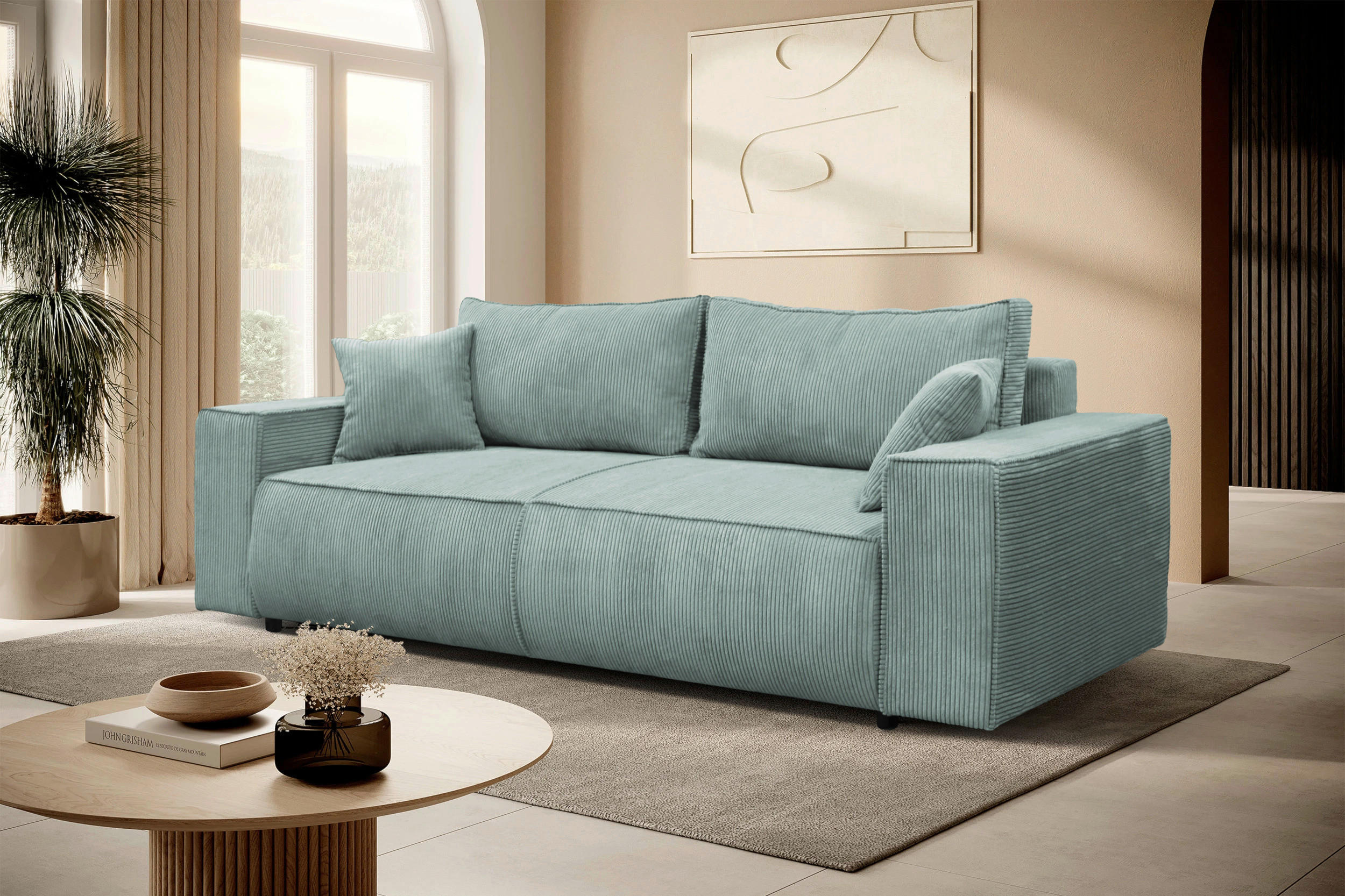SCHLAFSOFA LOFT Cord Türkis  inkl. Zierkissen, Rückenkissen, Bettkasten  - Türkis/Schwarz, Design, Kunststoff/Textil (255/90/97cm) - MID.YOU