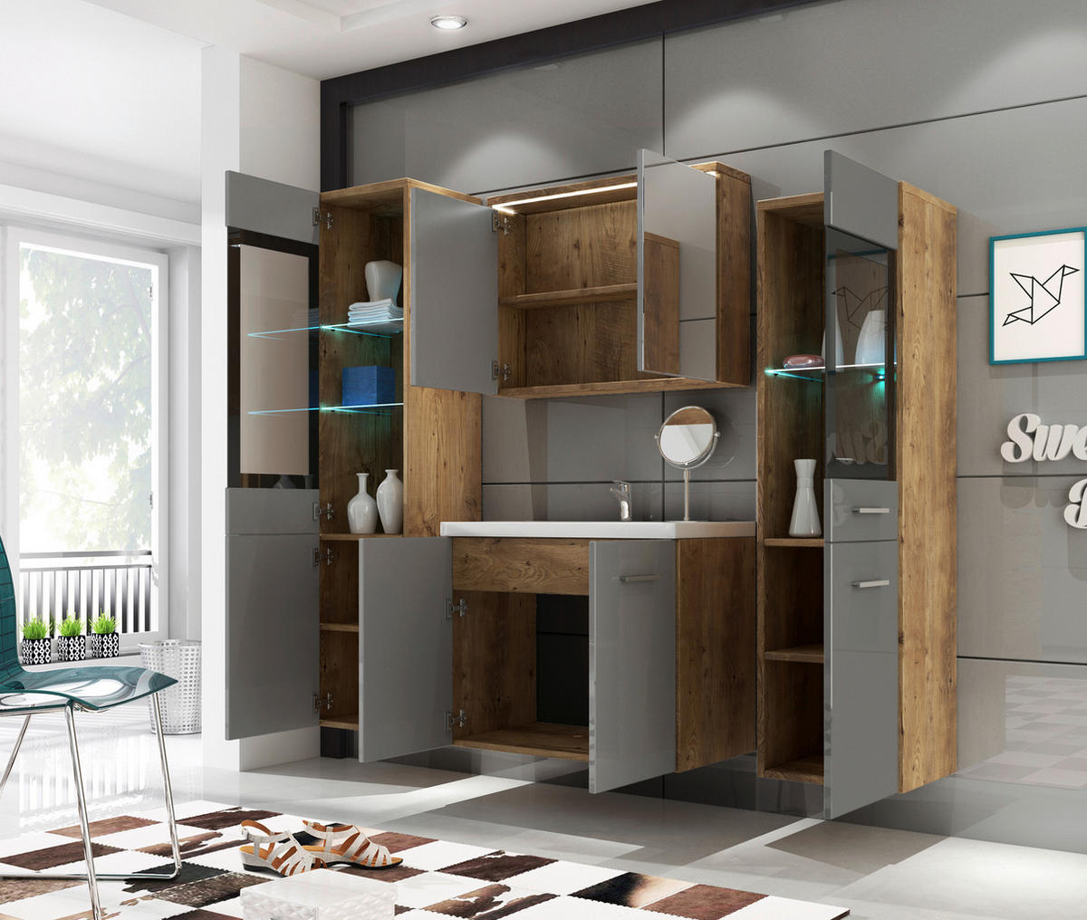 BADEZIMMER 5-teilig  in 120 cm  - Kastanienfarben/Weiss, Basics, Glas/Holzwerkstoff (120cm) - P & B