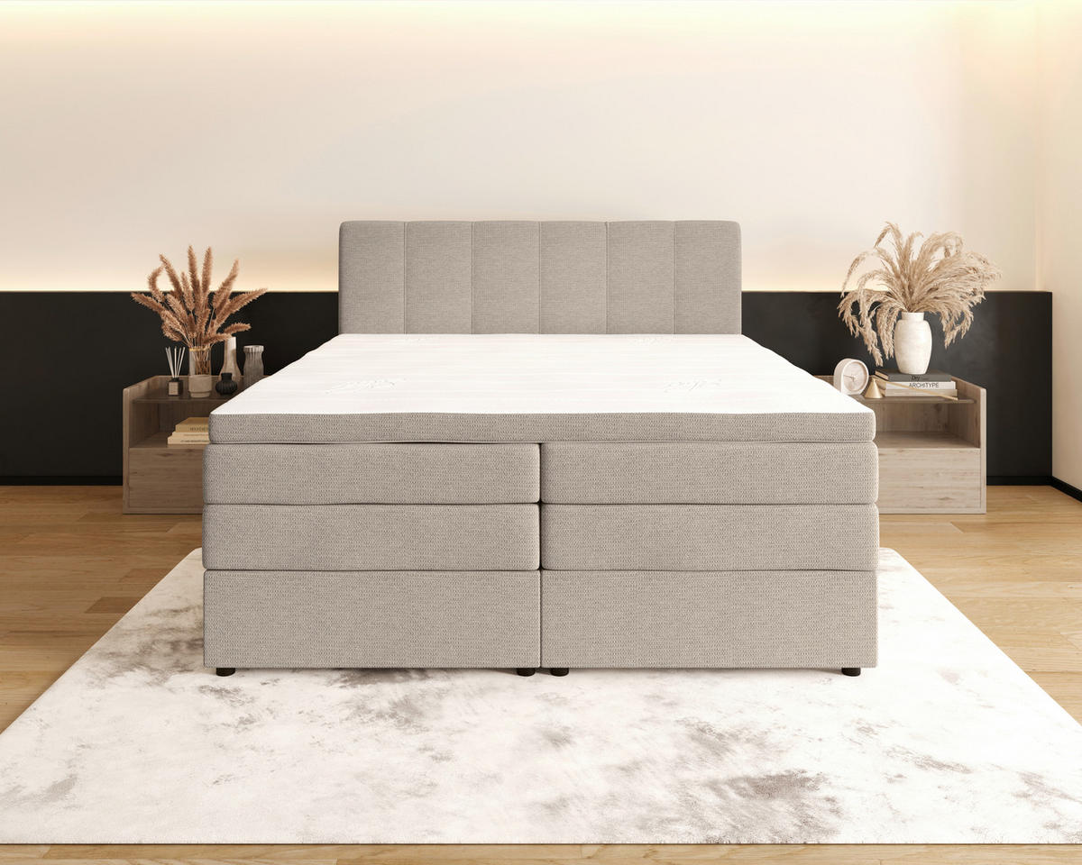 BOXSPRINGBETT 200/200 cm,  in Greige, gepolstertes Kopfteil, Bettkasten, Topper, Matratzen, H2 + H3 = mittel + fest  - Greige/Schwarz, KONVENTIONELL, Kunststoff/Textil (200/200cm) - Esposa