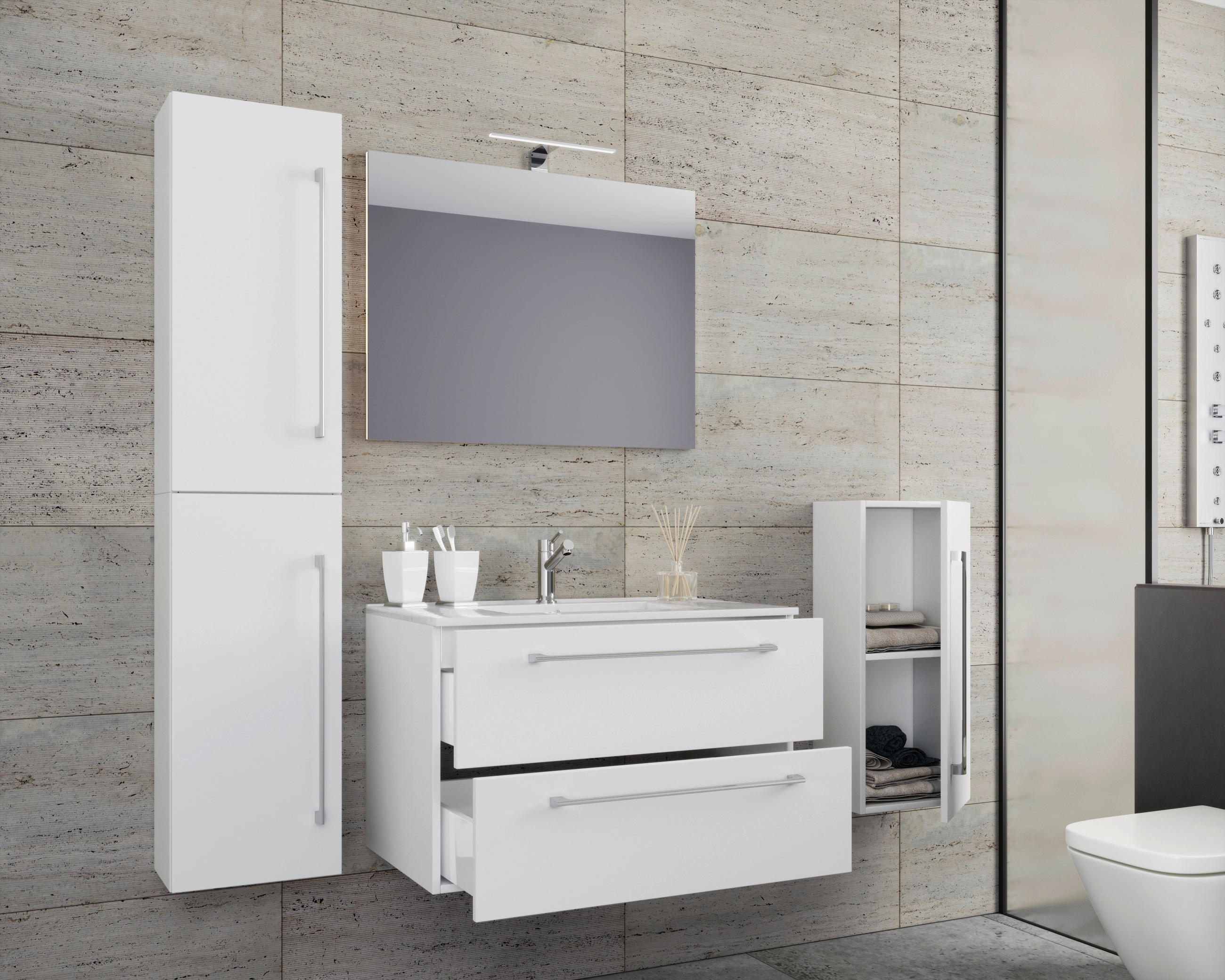 BADEZIMMER 5-teilig in 146 cm - Weiss/Alufarben, Modern, Keramik/Holzwerkstoff (146cm) - MID.YOU