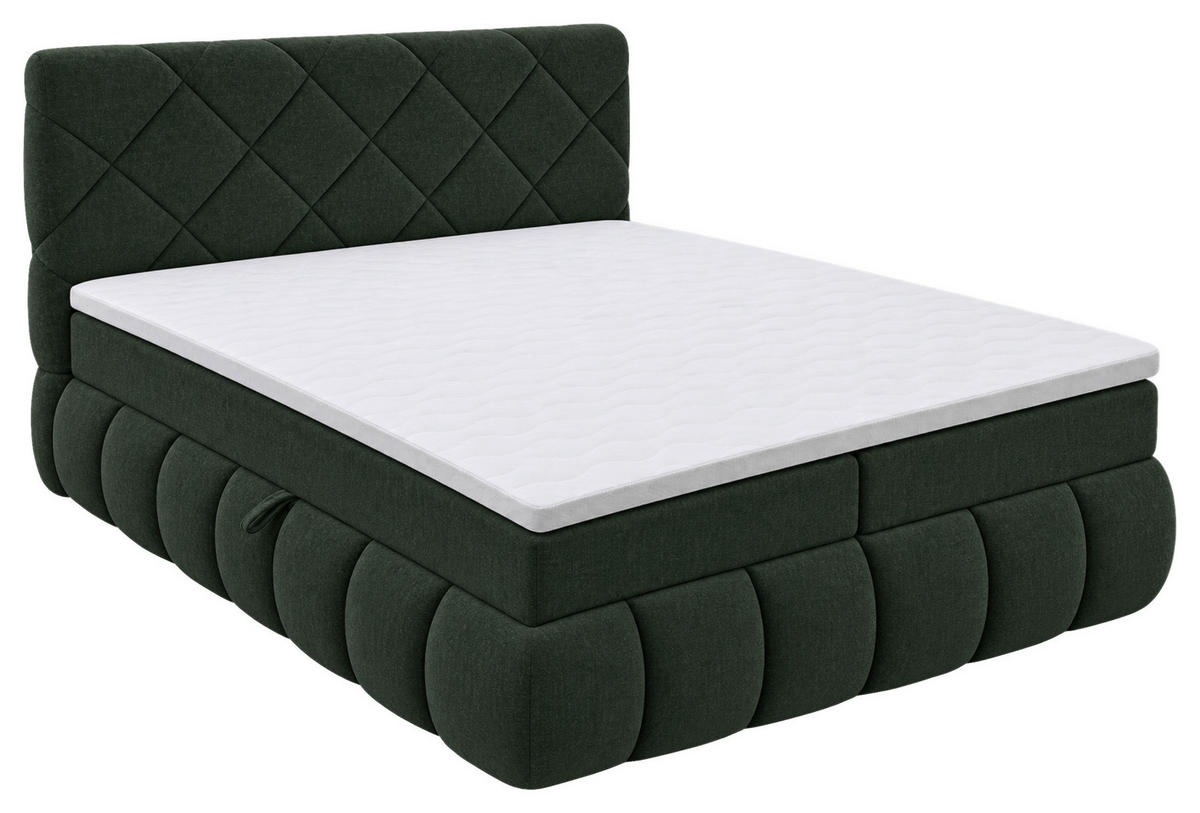 BOXBETT 180/200 cm,  in Grün, gepolstertes Kopfteil, Bettkasten, Topper, Matratzen, H3 + H3 = fest  - Schwarz/Grün, Design, Kunststoff/Textil (180/200cm) - Chameo