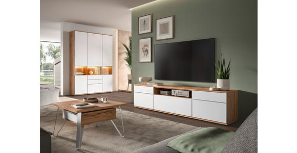 VITRINENKOMBINATION  in Weiß, Buchefarben - Buchefarben/Schwarz, KONVENTIONELL, Glas/Holzwerkstoff (150/215/40cm) - Venda