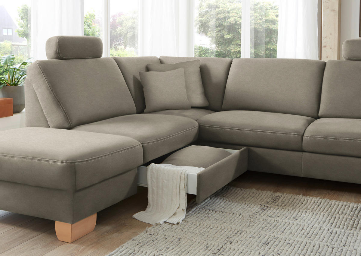 ECKSOFA in Mikrofaser Hellgrau  236/286 cm  - Wildeiche/Beige, KONVENTIONELL, Holz/Textil (236/286cm) - Voleo