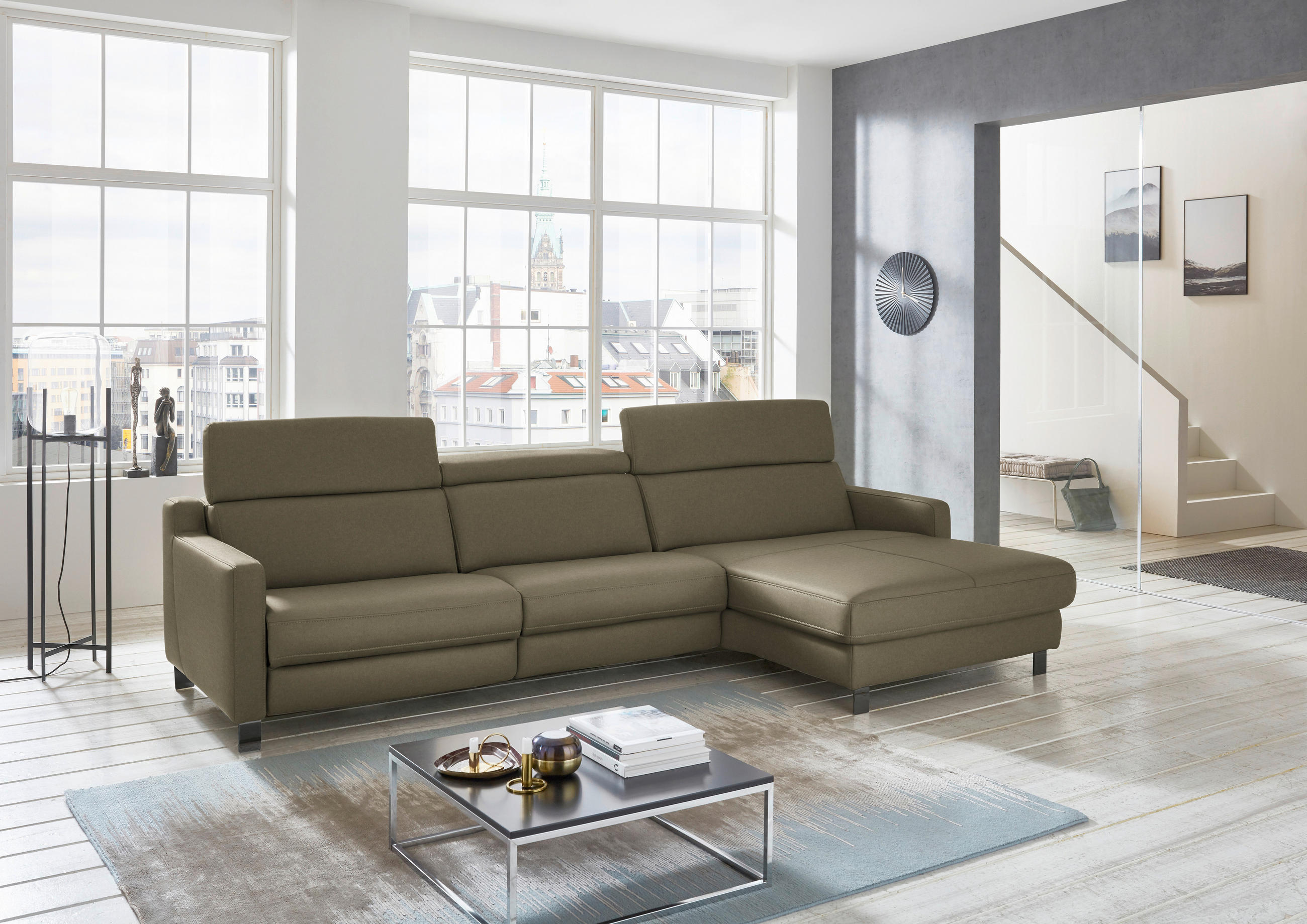 ECKSOFA in Echtleder Olivgrün  - Schwarz/Olivgrün, Design, Leder/Metall (291/176cm) - Valdera