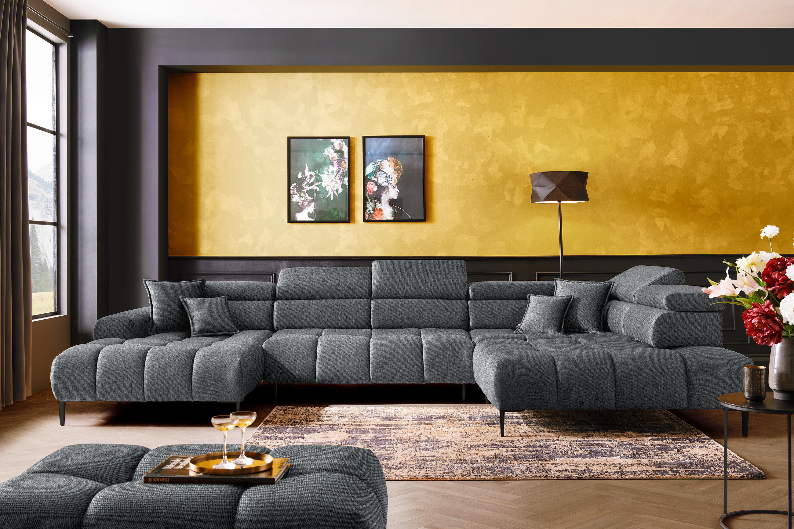 WOHNLANDSCHAFT in Webstoff Dunkelgrau  - Dunkelgrau/Schwarz, Design, Textil/Metall (177/385/216cm) - Welnova