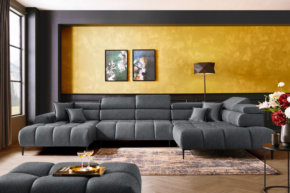 WOHNLANDSCHAFT Dunkelgrau Webstoff  - Dunkelgrau/Schwarz, Design, Textil/Metall (177/385/216cm) - Welnova