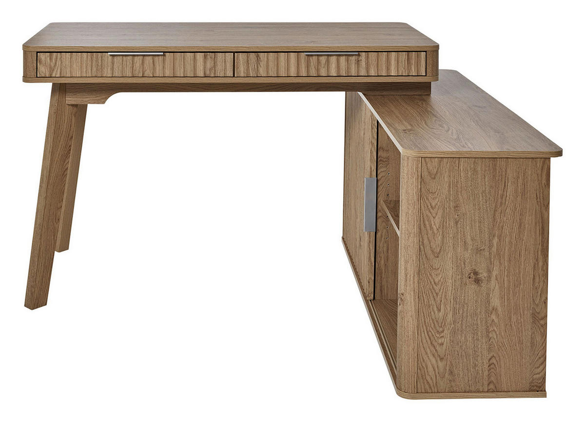 ECKSCHREIBTISCH 142/120/78,2 cm Eichefarben Kabeldurchlass, Stauraum, seitenverkehrt montierbar  - Eichefarben/Silberfarben, MODERN, Holzwerkstoff/Metall (142/120/78,2cm)