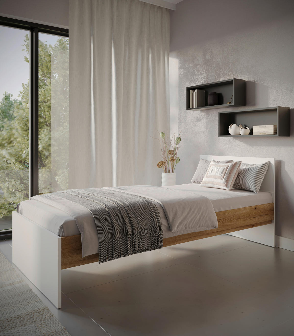 BETT 90/200 cm  in Weiß, Eichefarben  - Eichefarben/Schwarz, MODERN, Kunststoff (90/200cm) - MID.YOU