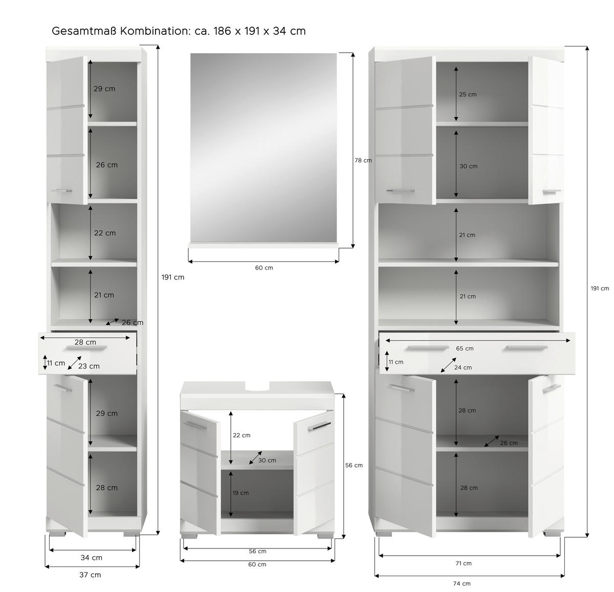 BADEZIMMER 5-teilig  in 171 cm  - Weiß Hochglanz/Silberfarben, MODERN, Holzwerkstoff/Kunststoff (171cm) - MID.YOU