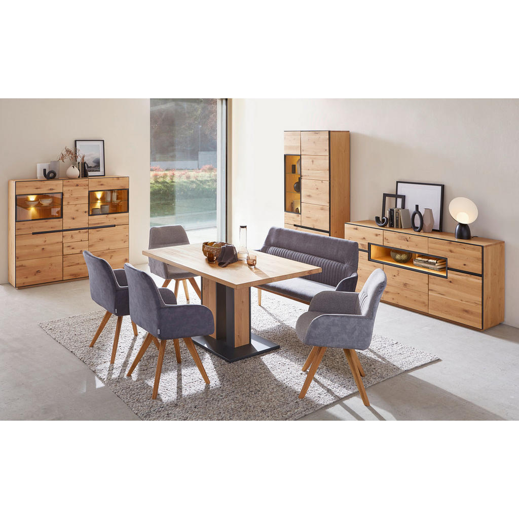 Thumbnail - Linea Natura Sitzbank, Eiche, Dunkelgrau, Holz, Textil, Wildeiche, vollmassiv, 2-Sitzer, 157x88x62.5 cm, Esszimmer, Bänk...