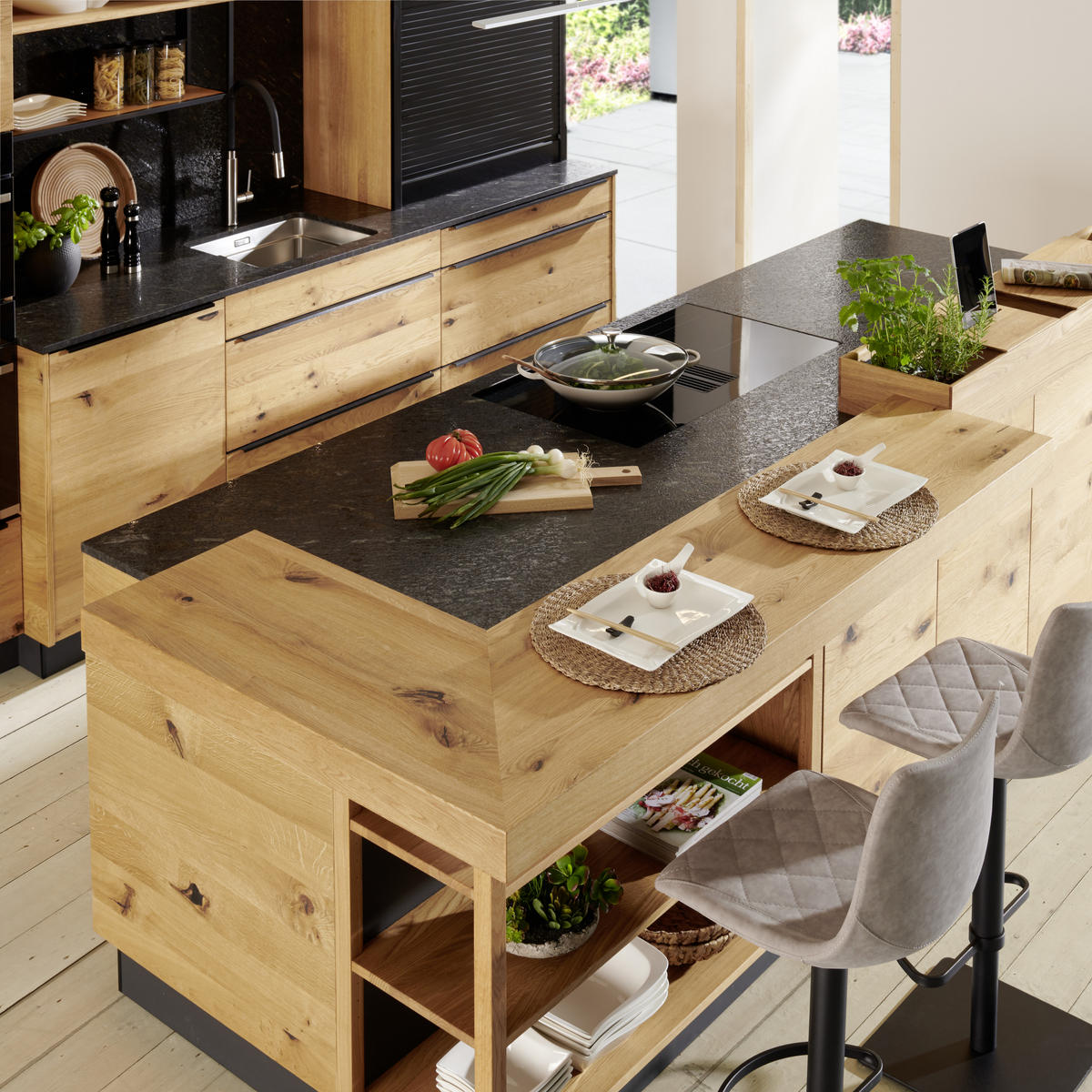 EINBAUKÜCHE   - Eichefarben/Dunkelgrau, Natur, Glas/Holz - Walden