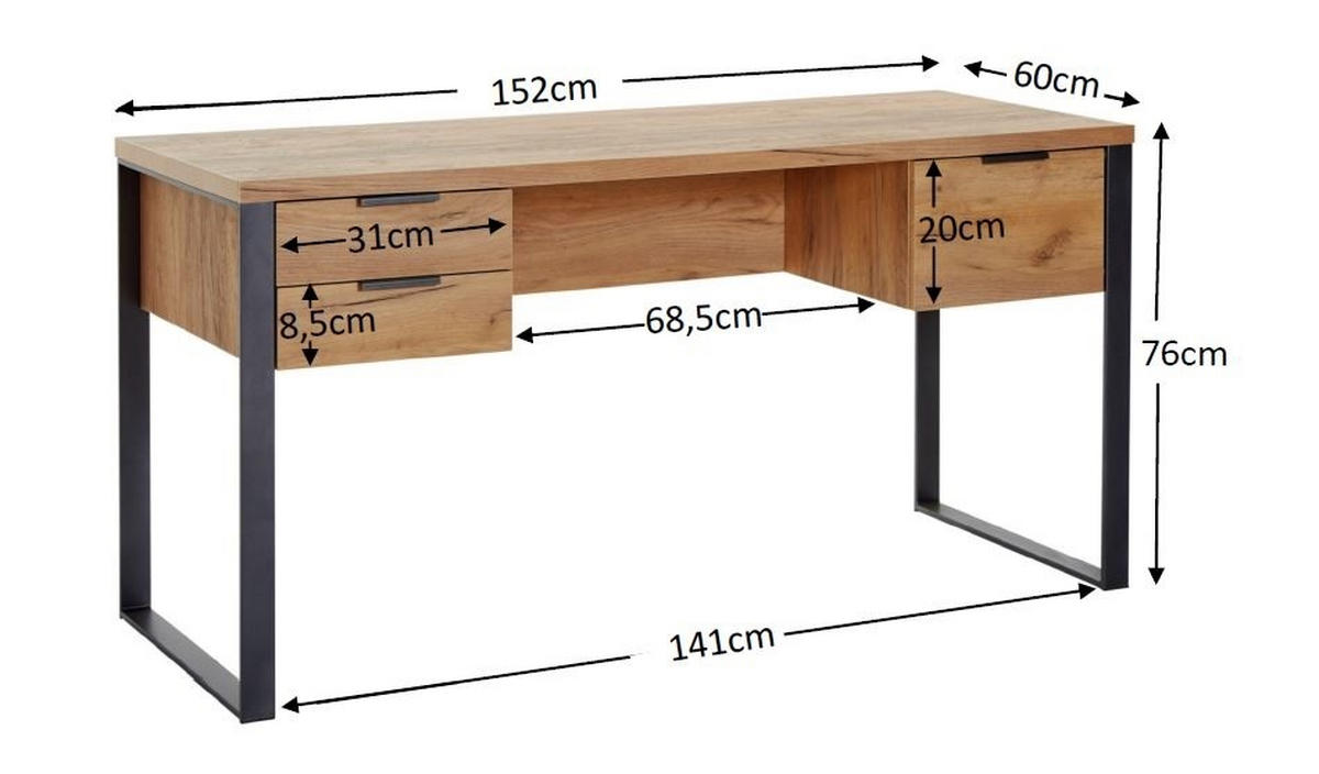SCHREIBTISCH 152,4/60/76,2 cm  in Eichefarben  - Eichefarben/Anthrazit, Lifestyle, Holzwerkstoff/Metall (152,4/60/76,2cm)