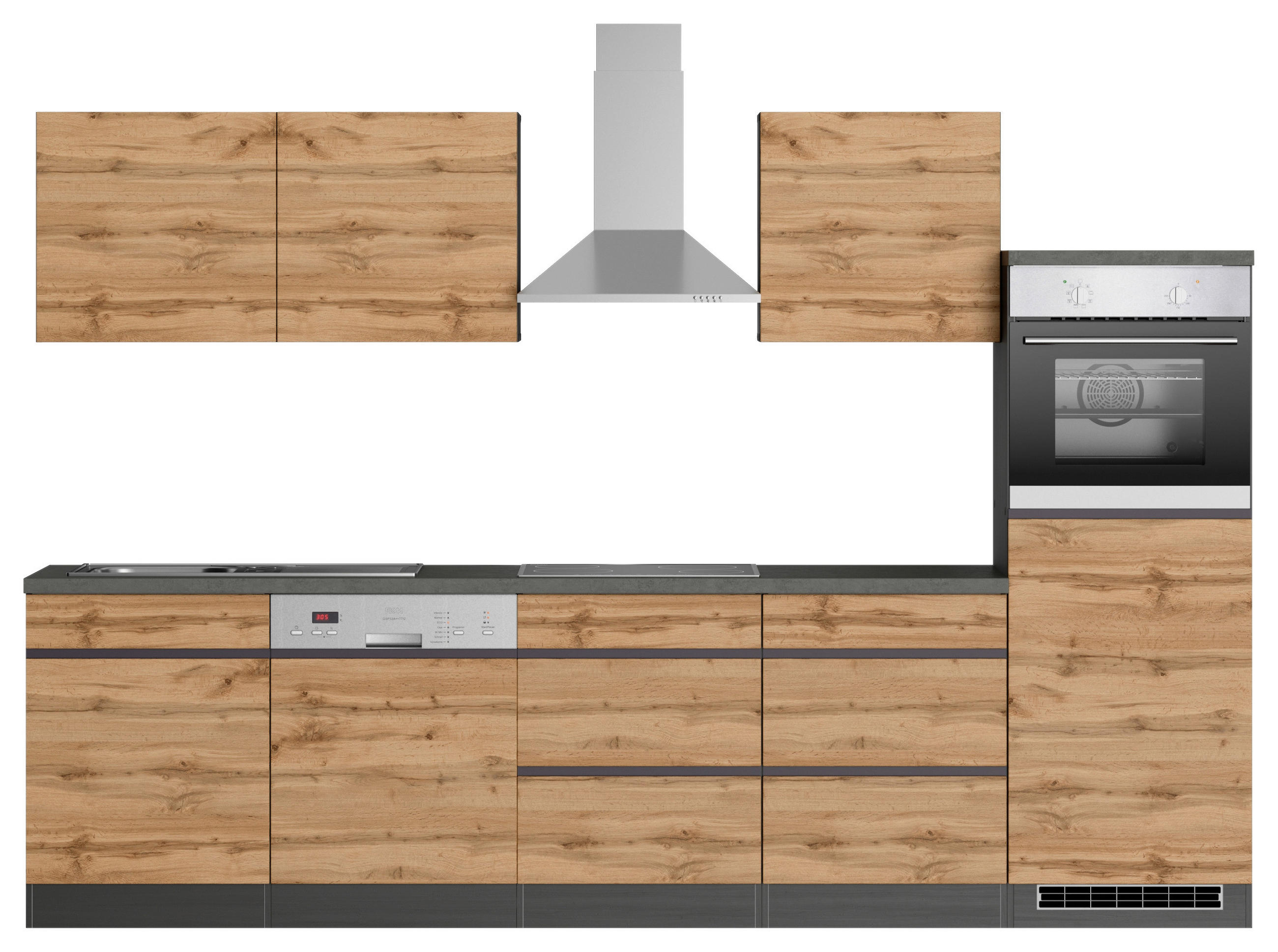 KÜCHENBLOCK 300 cm   in Graphitfarben, Eiche Wotan  - Eiche Wotan/Graphitfarben, Design, Holzwerkstoff (300cm) - Held