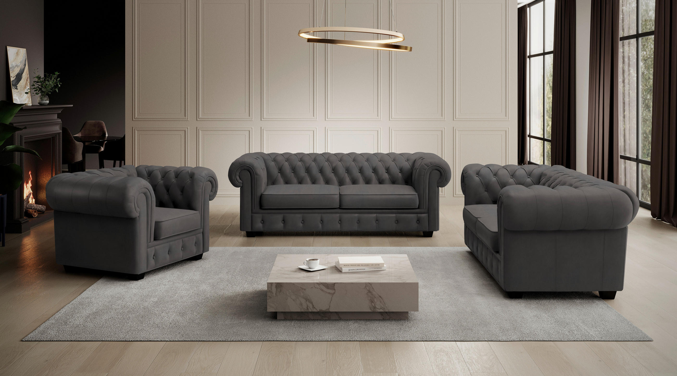 CHESTERFIELD-SESSEL in Lederlook Dunkelgrau  - Wengefarben/Dunkelgrau, Lifestyle, Holz/Textil (115/76,5/96cm) - Landscape
