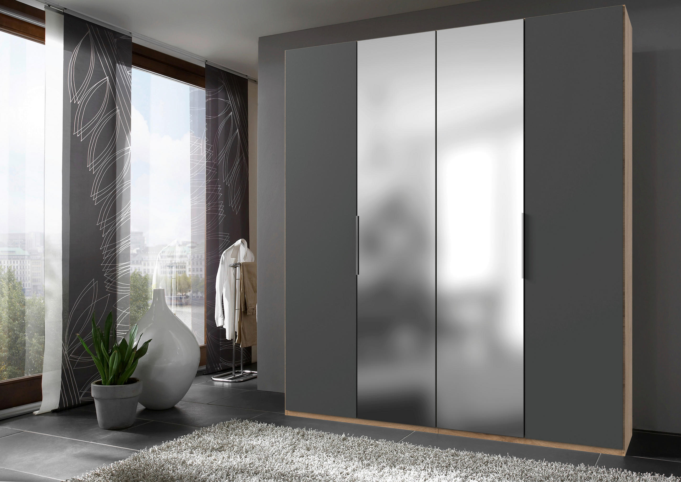 DREHTÜRENSCHRANK in Graphitfarben, Eichefarben  - Chromfarben/Eichefarben, Modern, Holzwerkstoff (200/236/58cm) - MID.YOU