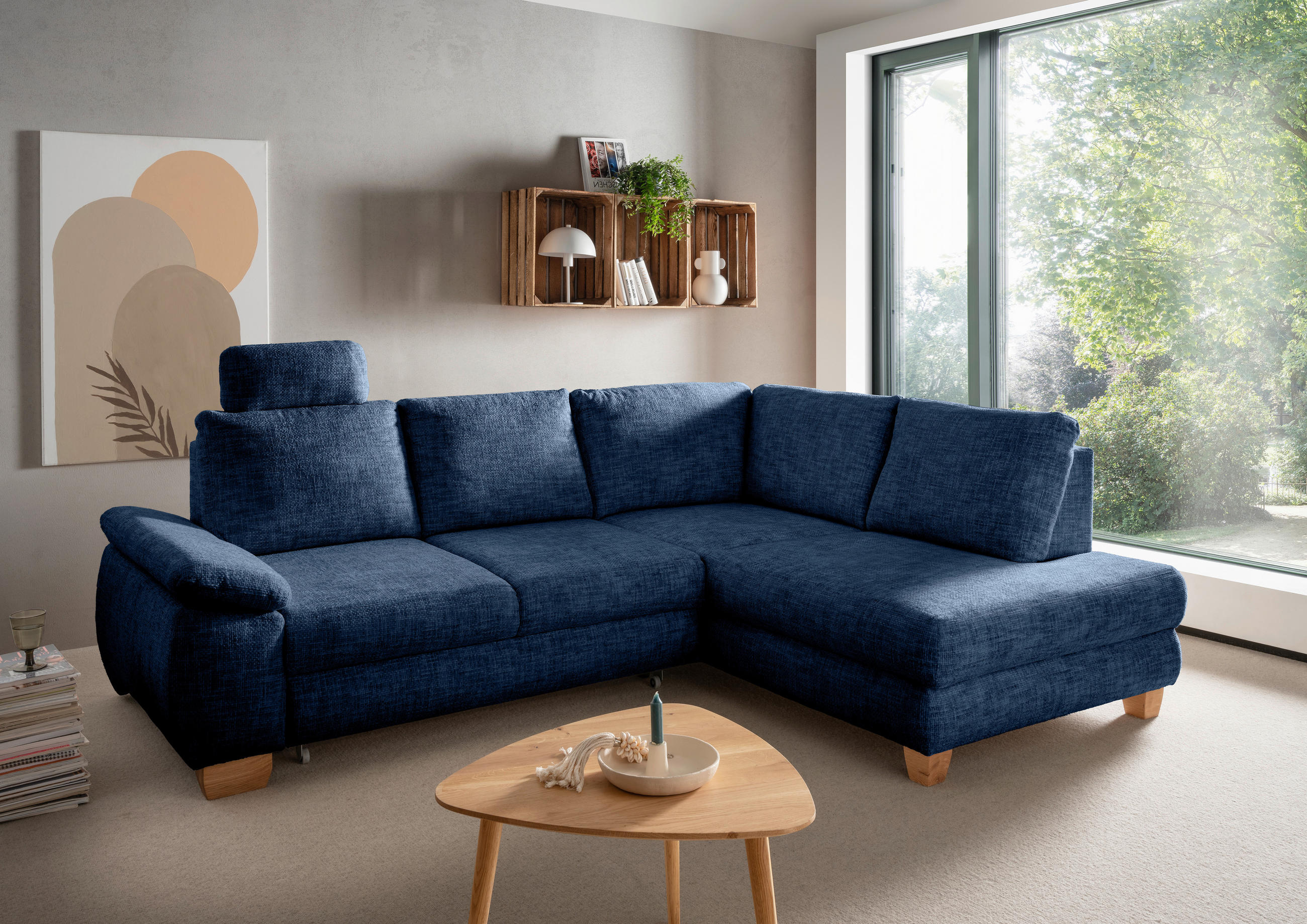 ECKSCHLAFSOFA  mit Liegefunktion, Rücken echt, Armteil links Struktur Blau  - Wildeiche/Blau, MODERN, Holz/Textil (265/206cm) - Livetastic