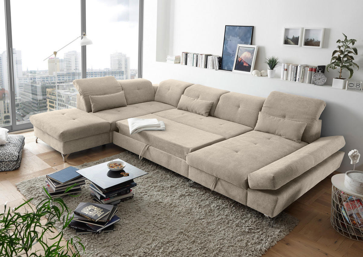 WOHNLANDSCHAFT in Mikrovelours Sandfarben  - Sandfarben/Silberfarben, Modern, Textil/Metall (245/350/168cm) - MID.YOU