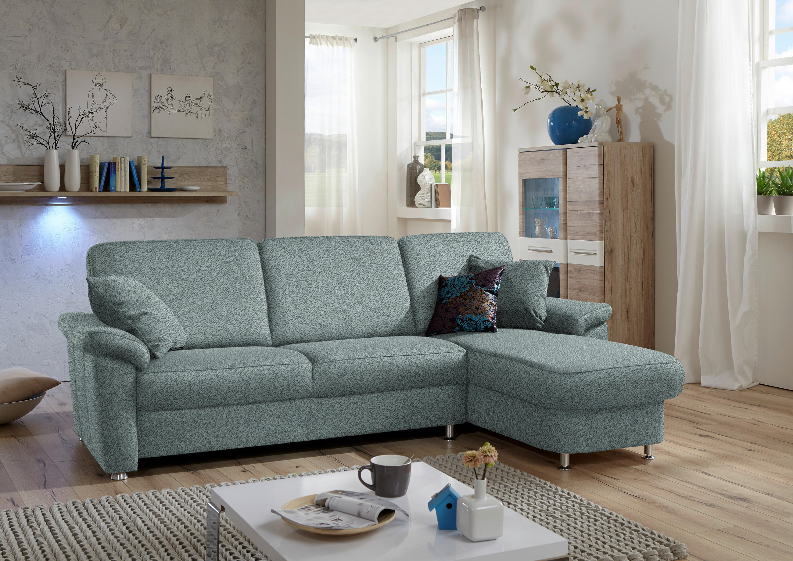 ECKSOFA in Flachgewebe Salbeigrün  - Chromfarben/Salbeigrün, Konventionell, Textil/Metall (250/163cm) - Beldomo System