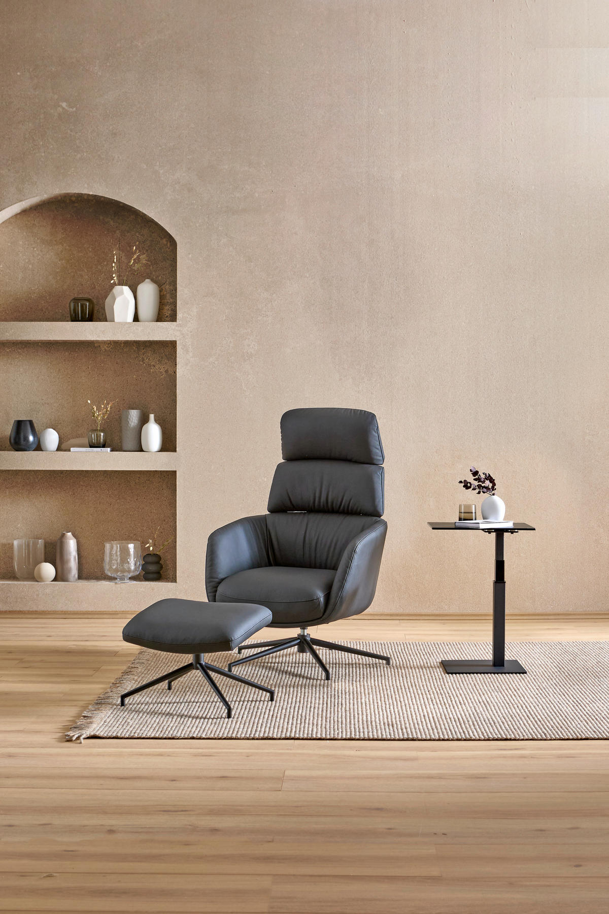 RELAXSESSELSET Echtleder Hocker, Kopfteilverstellung    - Schwarz, Design, Leder/Metall (73/110/87cm) - Dieter Knoll