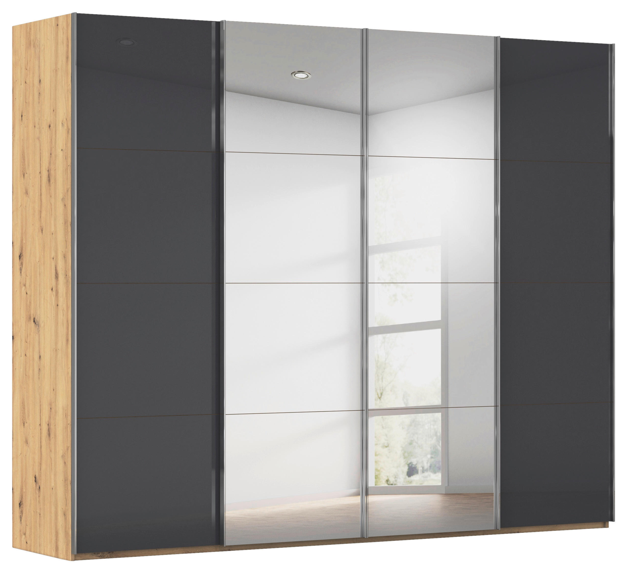 SCHWEBETÜRENSCHRANK 271/235/68 cm 4-türig Schwarz, Eiche Artisan  - Chromfarben/Schwarz, Design, Glas/Holzwerkstoff (271/235/68cm) - Novel