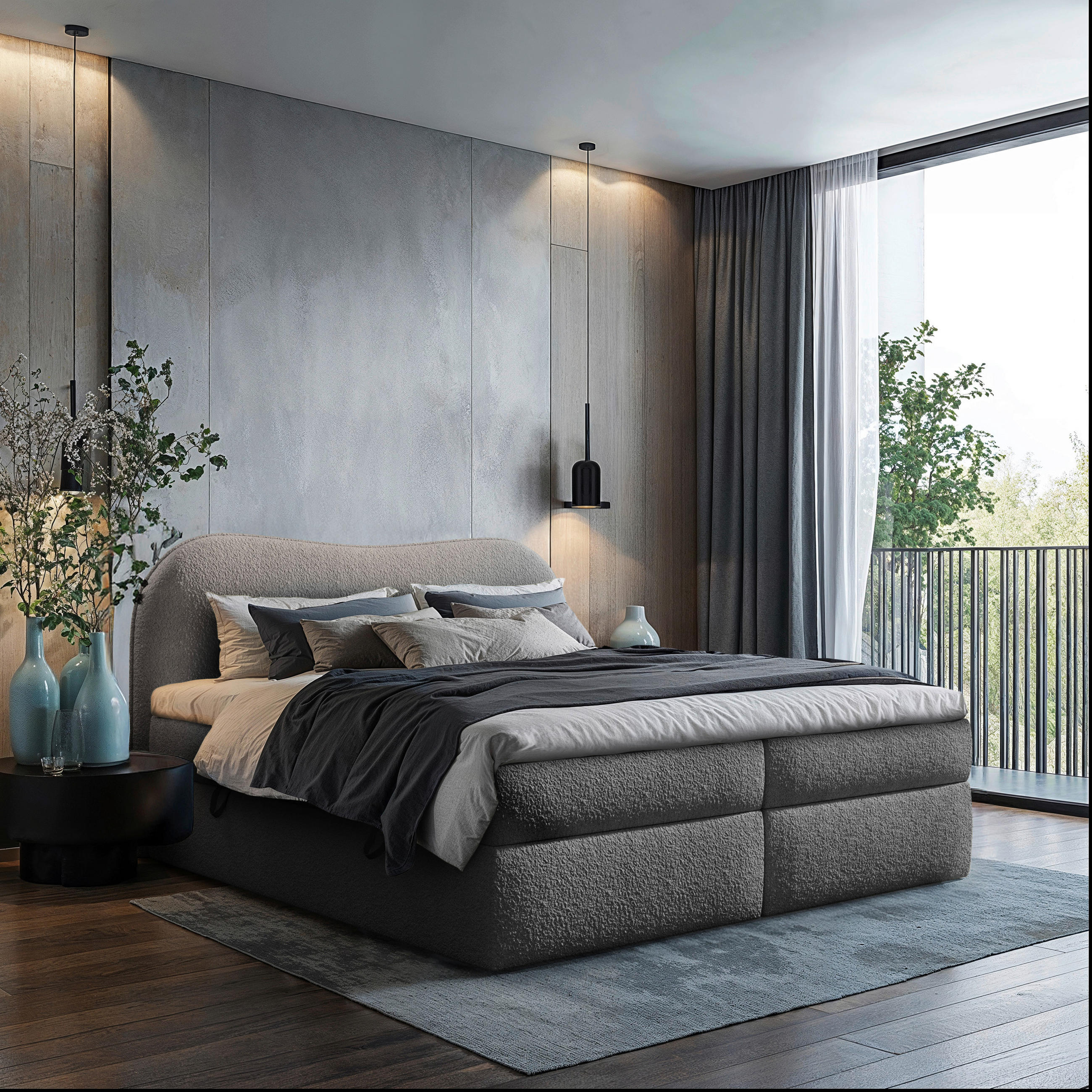 BOXBETT 200/200 cm,  in Dunkelgrau, gepolstertes Kopfteil, Bettkasten, Topper, Matratzen, H3 = fest  - Dunkelgrau/Schwarz, Design, Holz/Holzwerkstoff (200/200cm) - Chameo