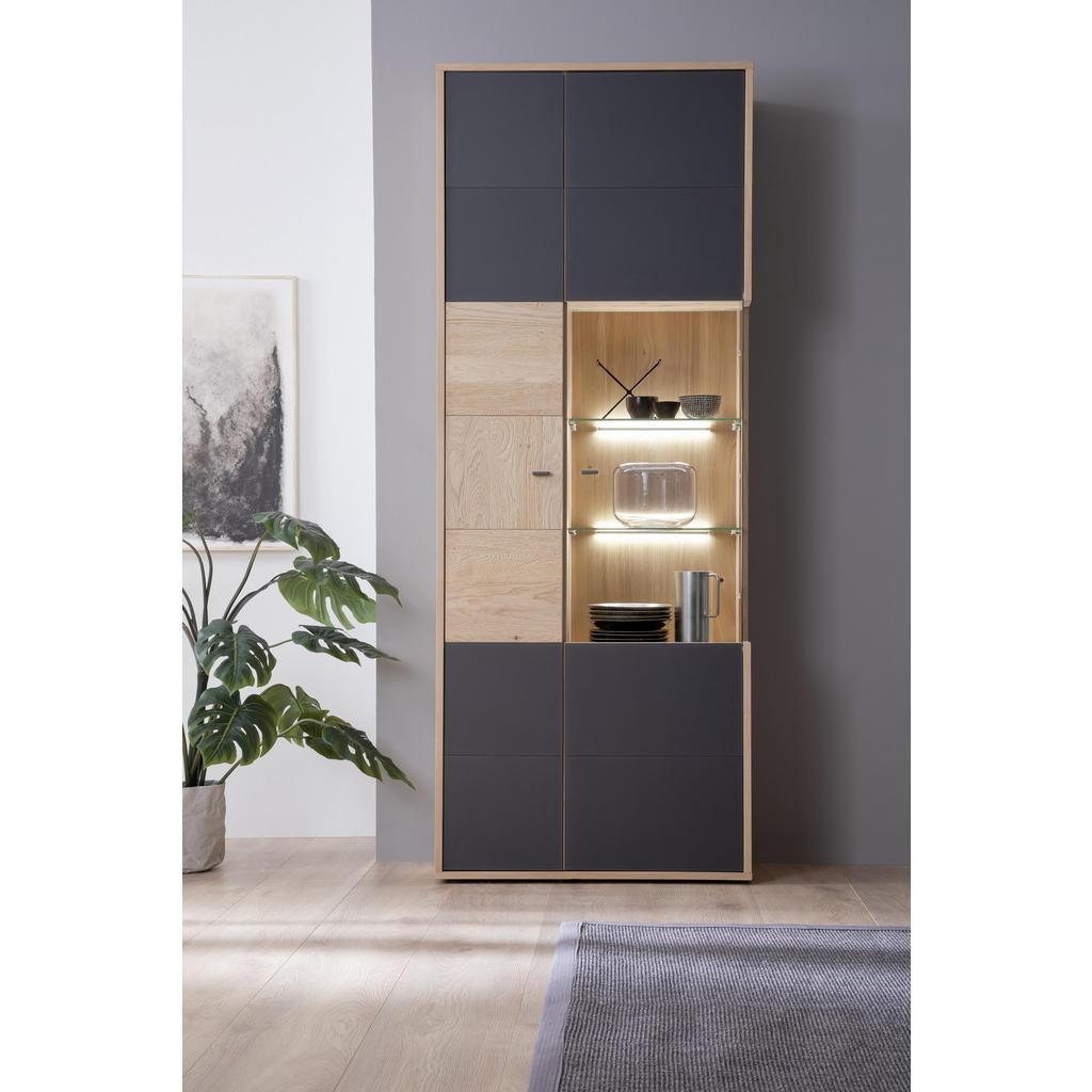 Thumbnail - Mid.you Vitrine, Anthrazit, Eiche Bianco, Metall, Balkeneiche, furniert, massiv, 12 Fächer, 79x207x37 cm, Made in EU, Wo...