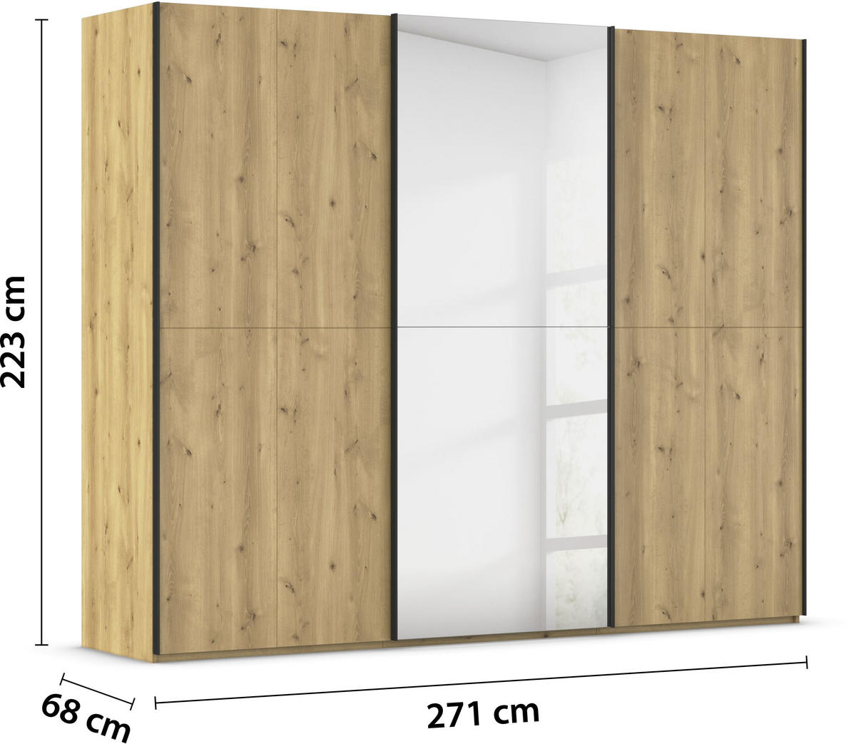 SCHWEBETÜRENSCHRANK 270/223/68 cm 3-türig Eichefarben  - Eichefarben/Schwarz, Design, Holz/Holzwerkstoff (270/223/68cm) - Novel