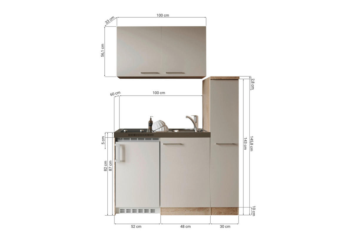 MINIKÜCHE Levin 130 cm  in Kaschmir  - Kaschmir/Eichefarben, Trend, Holzwerkstoff/Kunststoff (130cm) - Respekta