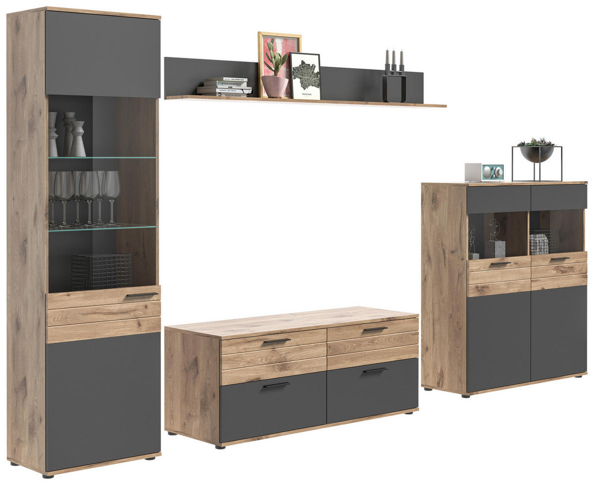 WOHNWAND  in Grau  327/200/44 cm  - Schwarz/Grau, KONVENTIONELL, Glas/Holzwerkstoff (327/200/44cm) - MID.YOU