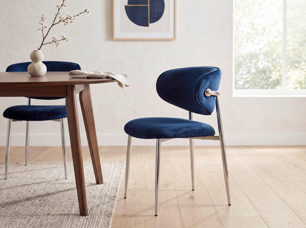 STUHL   Samt  Blau, Chromfarben  - Blau/Chromfarben, Design, Textil/Metall (54/80/59cm) - Novel