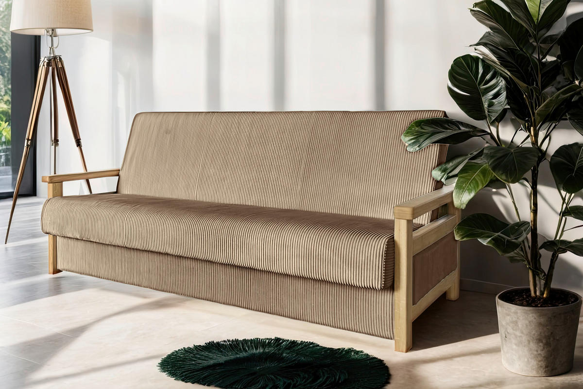 SCHLAFSOFA in Cord Hellbraun  - Hellbraun/Naturfarben, Design, Holz/Textil (220/90/90cm) - P & B