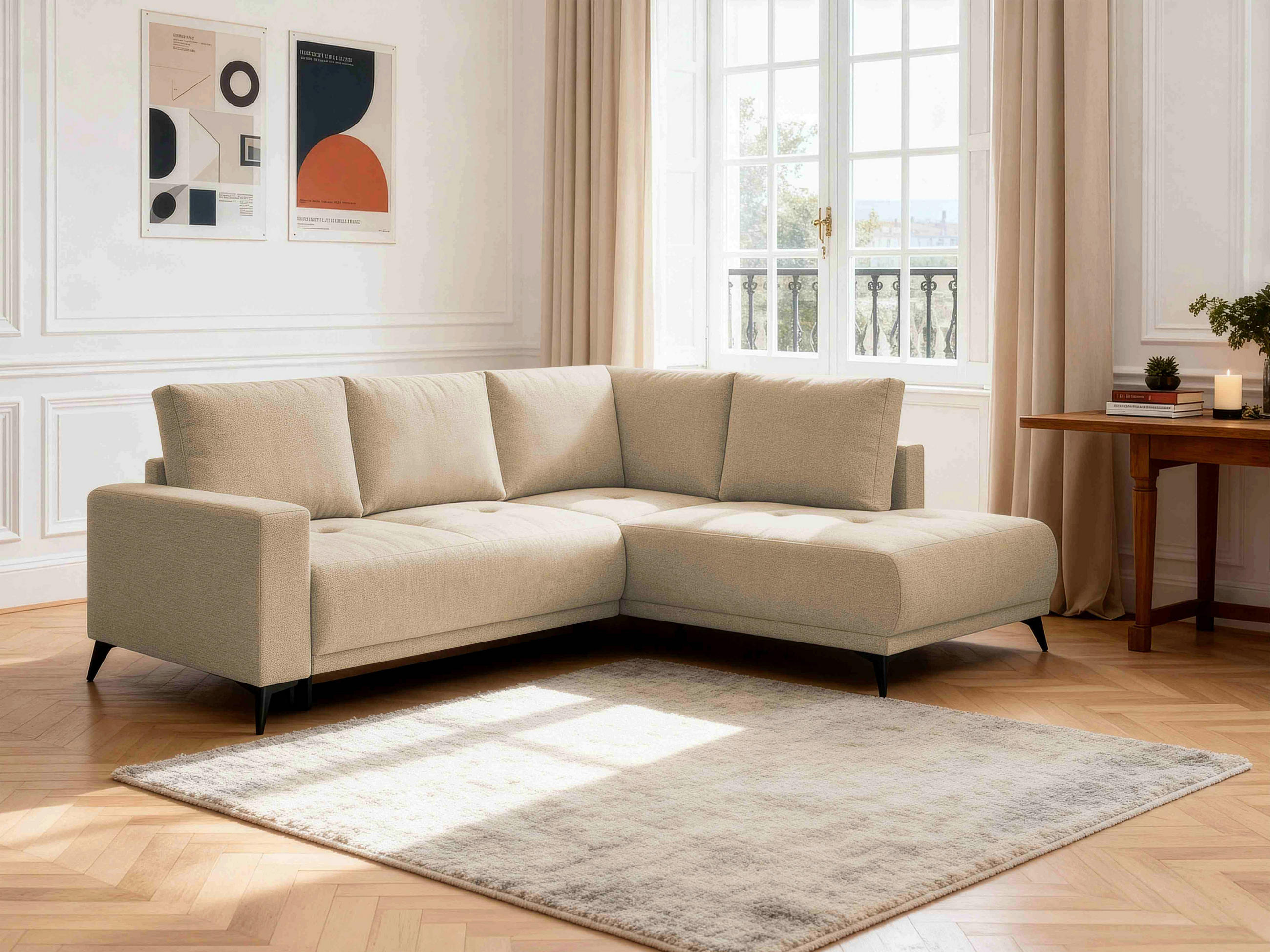 ECKSOFA RAFAEL in Struktur Hellbraun Rückenkissen, Bettkasten   - Hellbraun/Schwarz, Design, Textil/Metall (269cm) - P & B