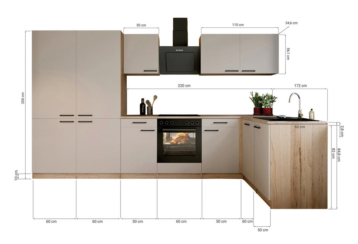 ECKKÜCHE Merle 340/172 cm  in Kaschmir  - Kaschmir/Eichefarben, Trend, Holzwerkstoff/Metall (340/172cm) - Respekta