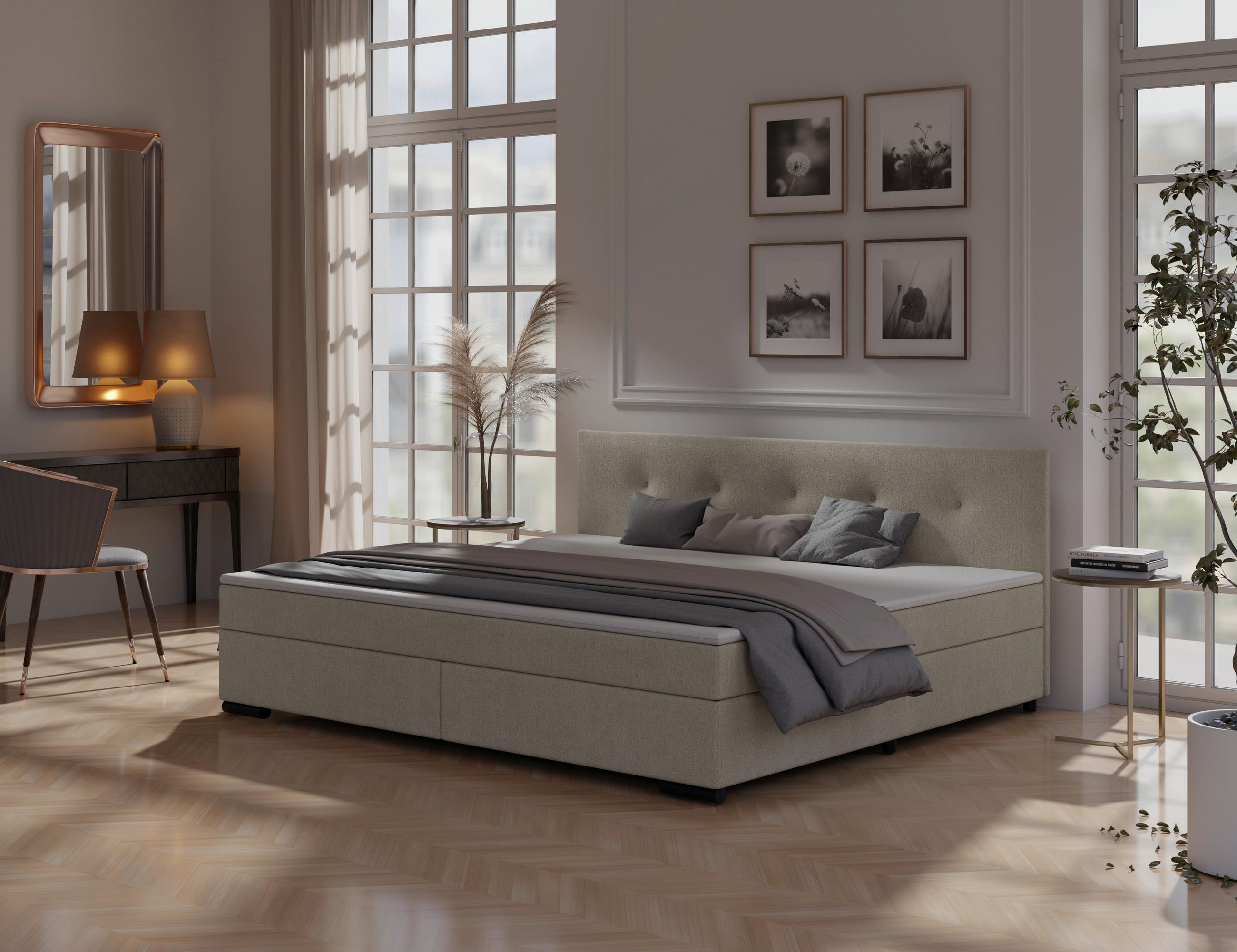 BOXSPRINGBETT 240/200 cm,  in Beige, gepolstertes Kopfteil, Topper, H3 + H3 = fest  - Beige/Schwarz, MODERN, Karton/Holz (240/200cm) - MID.YOU